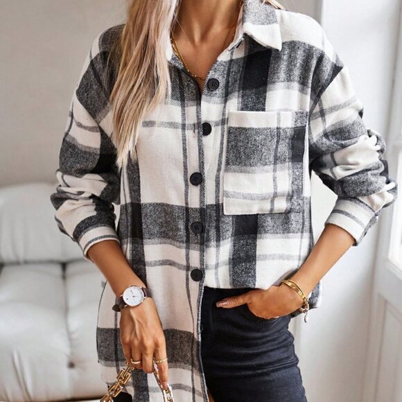 Casual Plaid Print Drop Shoulder Shirt Black and White - Picture 2 of 7
